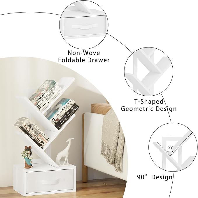 SHEEPAM Small Bookshelf with Drawer,4 Tier Tree Book Shelf,Wood Desk Bookshelves,Modern Free Standing Desktop Display Shelves,White Floor Standing Organizer Bookcase for Living Room,Bedroom,Office