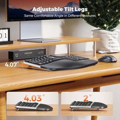 MEETION Ergonomic Wireless Keyboard and Mouse Combo, 2.4G Curved Compact Keyboard with Cushioned Palm Rest, 4 Level DPI Adjustable Wireless Mouse, for Windows/Mac/Desktop/Laptop/PC, Gray Black