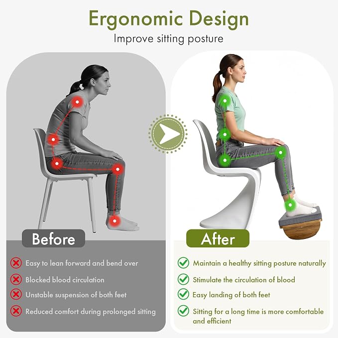 Wooden Under Desk Foot Rest, Foot Stool with Detachable Cushion, Ergonomic Rocking Footrest for Work & Home, Leg Relief & Foot Support, Improves Posture and Blood Circulation
