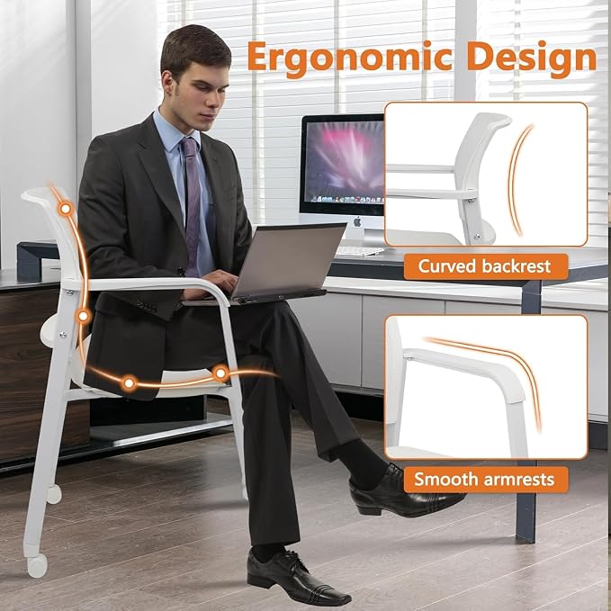 CLATINA Stacking Office Chairs with Wheels | Mesh Back, Thicken Leather Seat and Streamline Armrests, Ergonomic Lumber Support | School, Desk, Guest Reception, Waiting, Conference | Set of 8, White