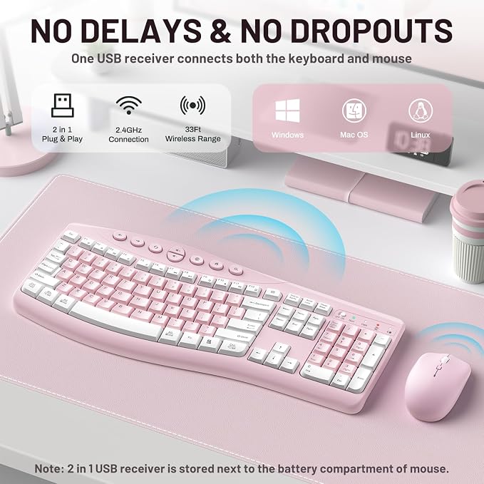 Wireless Keyboard and Mouse Combo,2.4G Full Size Ergonomic Curved Silent Keyboard with Fn Multimedia Keys for Office and Home, 3-DPI Quiet Mouse for Windows,Mac OS Desktop/Laptop/PC (Light Pink-A)