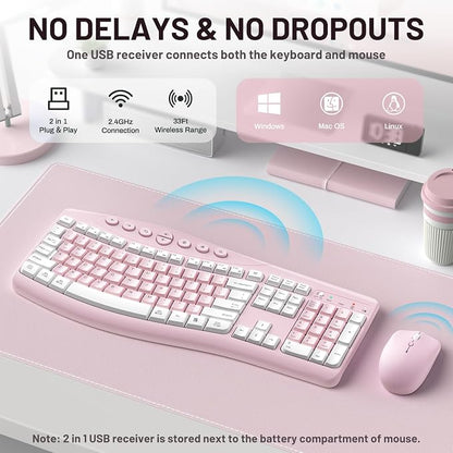 Wireless Keyboard and Mouse Combo,2.4G Full Size Ergonomic Curved Silent Keyboard with Fn Multimedia Keys for Office and Home, 3-DPI Quiet Mouse for Windows,Mac OS Desktop/Laptop/PC (Light Pink-A)