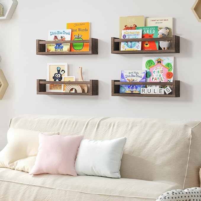 Fixwal Floating Book Shelves for Wall, 16.5 Inch Nursery Book Shelves for Kids Rooms, Shelves for Kids Room Set of 4, Solid Wood Wall Mounted Shelves for Books and Toys Storage (Brown)