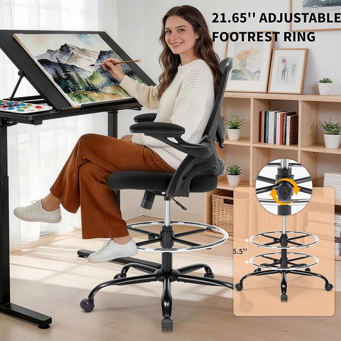 Drafting Chair, Tall Office Chair for Standing Desk, Ergonomic Standing Desk Chair with Flip-up Armrests, Counter Height Office Chair with Footrest and Adjustable Lumbar Support