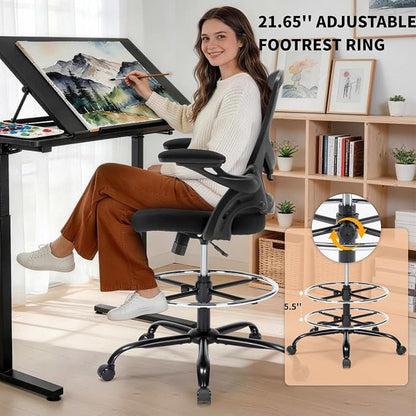 Drafting Chair, Tall Office Chair for Standing Desk, Ergonomic Standing Desk Chair with Flip-up Armrests, Counter Height Office Chair with Footrest and Adjustable Lumbar Support