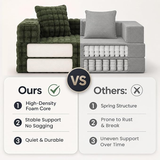 COMAX Futon Sofa Bed, 4‑in‑1 Convertible Sofa Bed, Folding Boneless Couches | Boneless Couch for living room, Fold Out Small Foldable Loveseat Floor Sleeper Mattress Lounge Space‑Saving, Classic Green