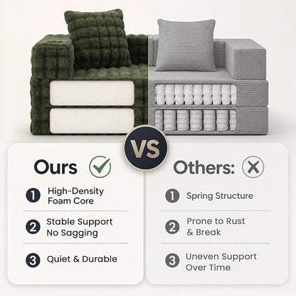 COMAX Futon Sofa Bed, 4‑in‑1 Convertible Sofa Bed, Folding Boneless Couches | Boneless Couch for living room, Fold Out Small Foldable Loveseat Floor Sleeper Mattress Lounge Space‑Saving, Classic Green