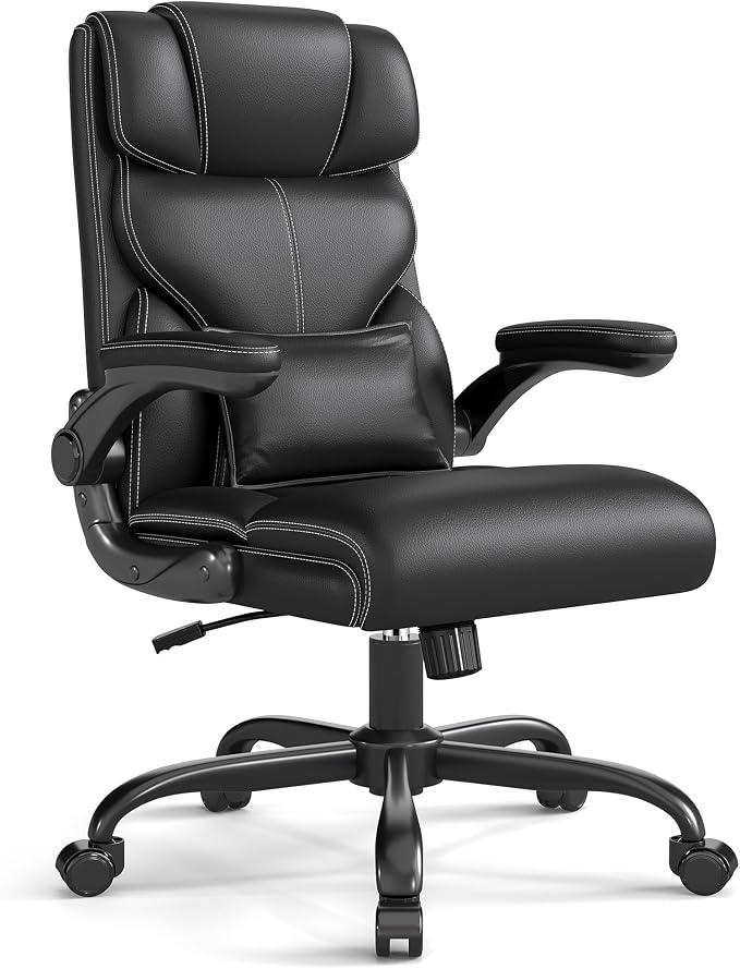 Executive Office Chair with Flip-up Armrests,Ergonomic Computer Desk Chairs,Mid-Tall Back Leather Office Chair,Lumbar Support Swivel PC Chair with Rocking Function