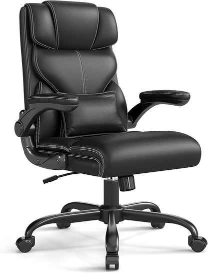 Executive Office Chair with Flip-up Armrests,Ergonomic Computer Desk Chairs,Mid-Tall Back Leather Office Chair,Lumbar Support Swivel PC Chair with Rocking Function