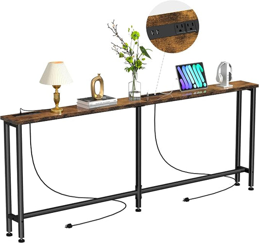 Keelian 90" Narrow Sofa Table - 2 Power Outlets & 4 USB Ports, Metal Frame,Perfect for Hallway, Office, and Behind Sofa - Easy Assembly, 4.9ft Extension Cord Included Rustic Brown