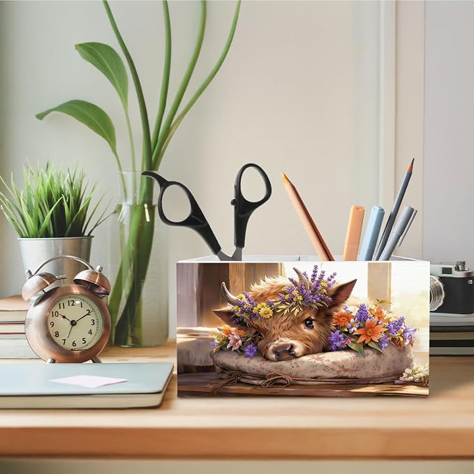 Spring Floral Highland Cow Pen Holder for Desk, Highland Cow Lovers Gifts Wooden Box Sign Desk Decor for Home Office Decoration, Cottagecore Wildflower Heifer Pencil Organizer