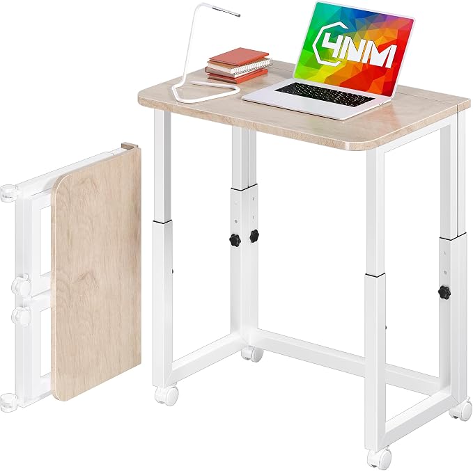 4NM No Tool Assembly 23.6" Small Desk, Folding Portable Desk with Wheels, Adjustable Height Foldable Computer Home Office Desks, Collapsible Study Writing Table for Space Saving Bedroom - Cloud Oak