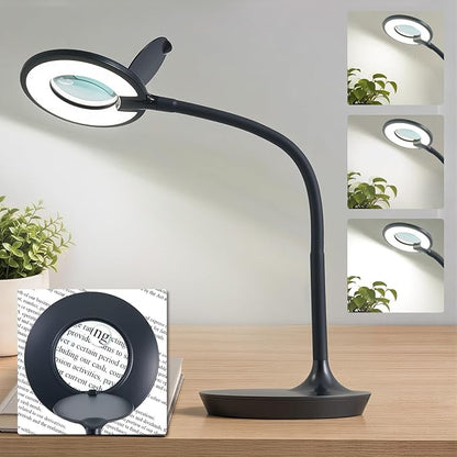 Magnifier Desk Lamp, Flexible Gooseneck, 2-in-1 Magnifying Glass 3X+6X Led Work Light for Elderly Reading, 3 Dimmable Office Magnifying Lamp, Hands Free Mag Desk Lamp for Crafts Sewing Needlepoint