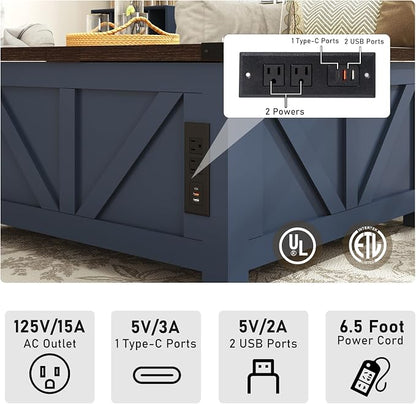 jimeimen Farmhouse Lift Top Coffee Table with Storage, Wood Square Center Table with Charging Station&USB Port, Living Room Table w/Large Hidden Space, for Living Room, Bedroom, Home Office, Blue