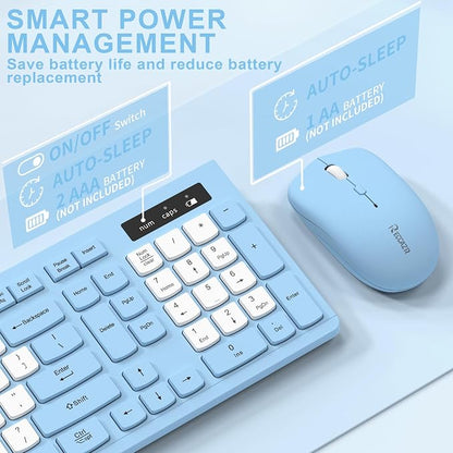 Wireless Keyboard and Mouse Combo, Full-Sized Wireless Keyboard and Adjustable DPI Mouse, 2.4GHz USB Receiver, Silent Keyboard and Mouse for PC, Windows, MAC, Desktop, Laptop(Sky Blue-B)