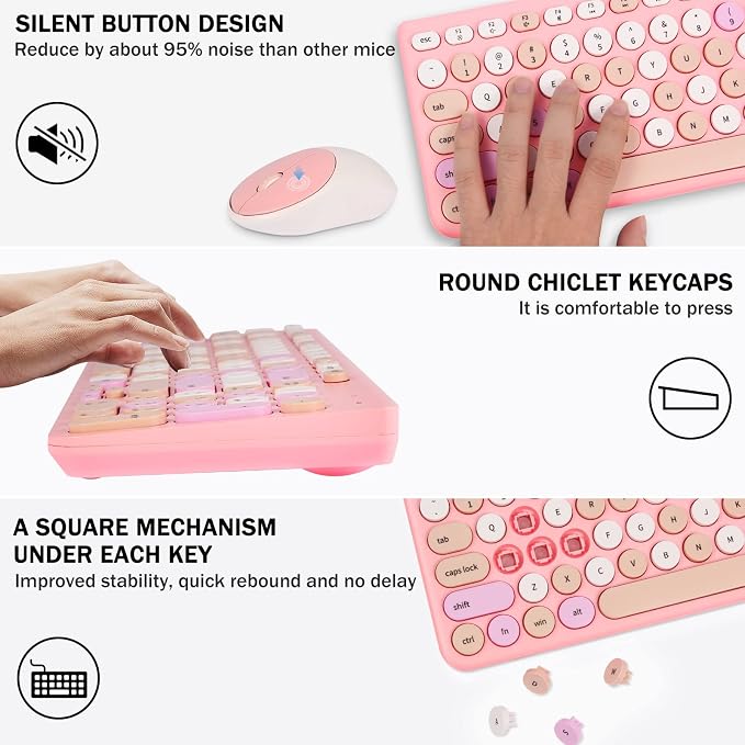 Wireless Keyboard and Mouse Combo, Retro Typewriter Keyboard with Round Keycaps, 2.4GHz USB Cute Wireless Keyboard Mouse for Computer, Desktop, Laptop and Computer (Pink-Colorful)