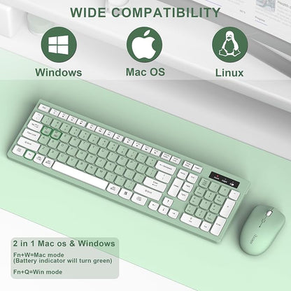 Wireless Keyboard and Mouse Combo, 2.4G Full Size Silent Keyboard with Fn Multimedia Keys for Office and Home, 3-Level DPI Adjustable Quiet Mouse for Windows,Mac OS Desktop/Laptop/PC(Avocado Green)