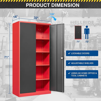 Fesbos Metal Storage Cabinet-71” Tall Steel File Cabinets with Lockable Doors and Adjustable Shelves-Black&Red Steel Storage Cabinet for Home,Kitchen, School, Office, Garage