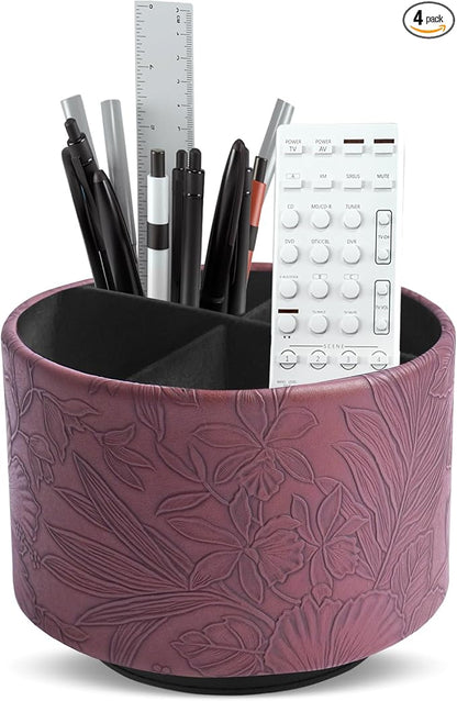 Round Leather Art Supply Organizer,Remote Control Holder,360 Degree Spinning,Multi-Functional Pencil Holder,4 Compartments Desktop Stationary Organizer(1-Carved Dark Brown)