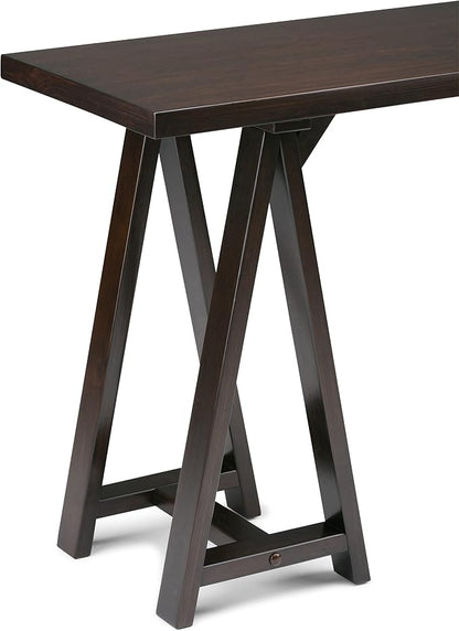 SIMPLIHOME Sawhorse Console Table - 50 Inch Wide Solid Wood Sofa Table in Dark Chestnut Brown, Modern Industrial Entryway Table for Living Room with Extra Thick Top and Sawhorse Legs