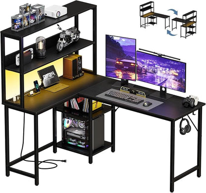 DUMOS L Shaped Desk Gaming Desk with LED & Power Outlet 53 in Reversible Corner Computer Table with Adjustable Shelf & CPU Stand, Home Office Writing Table, Black