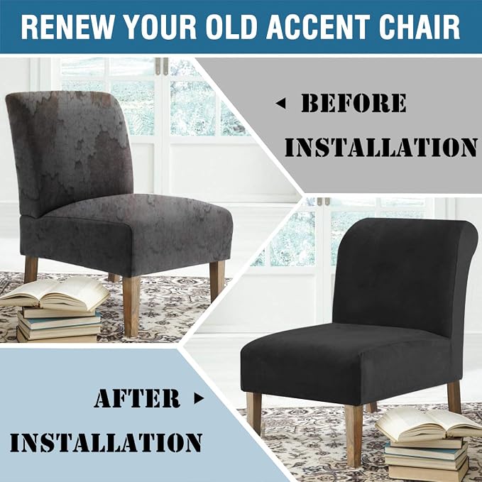 H.VERSAILTEX Armless Accent Chair Covers Thick Velvet Armless Chair Slipcovers High Stretch Chair Covers for Living Room Hotel Machine Washable Furniture Protector with Elastic Bottom, Black