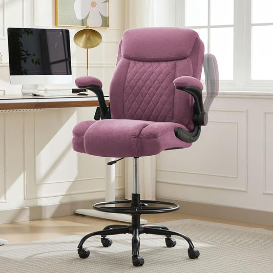 MAHOMICO Drafting Chair for Standing Desk – Tall Office Chair with Adjustable Height & Foot Ring, Flip-Up Arms, Lumbar Support – Comfortable Fabric Seat, Ideal Home Desk Chair