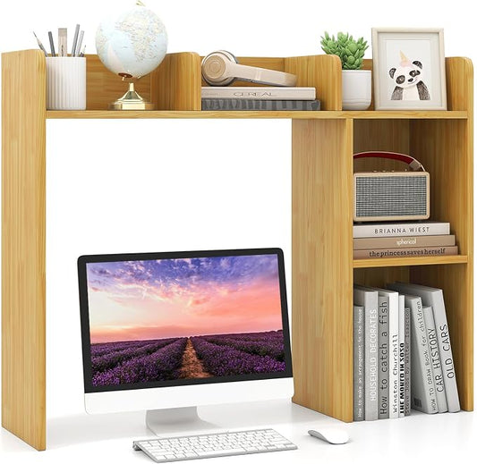 LDAILY Desktop Shelf, Multipurpose Wood Desk Hutch for Max 27" Computer Monitor, Countertop Storage Hutch with 5 Shelves, 3 Tier Desktop Display Rack for Dorm Office Home (Burlywood)