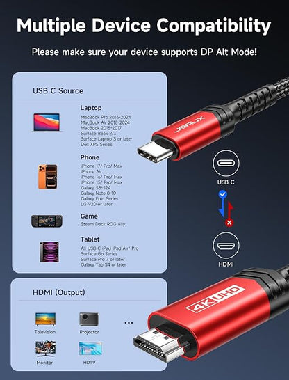 JSAUX USB C to HDMI Cable 10ft | 4K@60Hz USB 3.1 Type C to HDMI 2.0 Cord, Compatible with Thunderbolt 3/4, iPhone 17/Pro/Pro Max,16/Pro/Pro Max, MacBook Pro/Air, Galaxy S8 to S24, iPad Pro,iMac-Red
