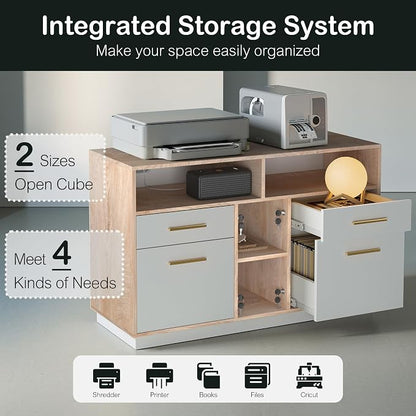 ModernMate 4 Drawer File Cabinet, Wood Filing Cabinet for Home Office with Lock, Power Strip, Storage Shelves, Home Office Lateral File Storage Fits Legal/Letter Size, Light Walnut