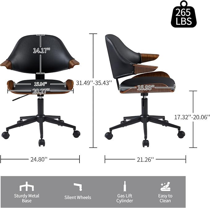 Art Leon Swivel Desk Chair, Mid Century Modern Office Chair with Wheels, Faux Leather Upholstered Arm Chair, Adjustable Height Task Chair with Metal Base, Black