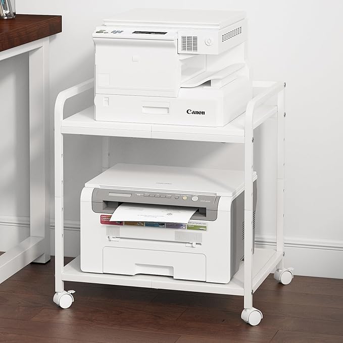 21"x15.8" Large Printer Stand with Storage, 2-Tier Under Desk Printer Table, Rolling Printer Cart with Lockable Wheels for Home, Office (White)