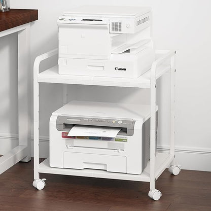 21"x15.8" Large Printer Stand with Storage, 2-Tier Under Desk Printer Table, Rolling Printer Cart with Lockable Wheels for Home, Office (White)