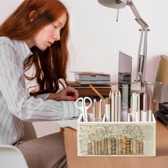 Vintage Book Floral Pen Pencil Holder for Desk, Book Lovers Reader Gifts, Reading Corner Nook Decor, Bookish Wooden Box Sign Decorations for Reading Room Classroom Bedroom Desk Tabletop
