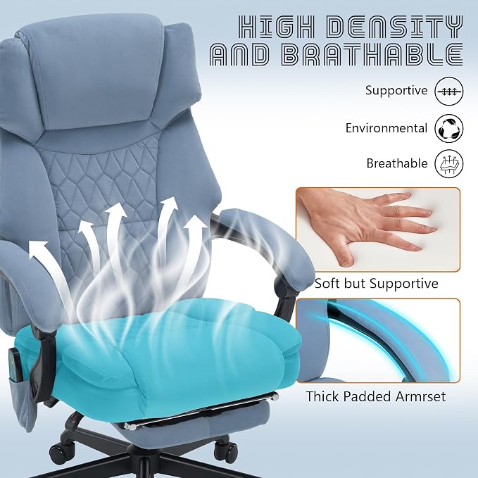 Massage Office Chair with Foot Rest 6 Points Vibration and Heat Home Office Desk Chairs for Heavy People 400lbs Reclining Managerial Chairs Ergonomic Executive Chair (Dustyblue)