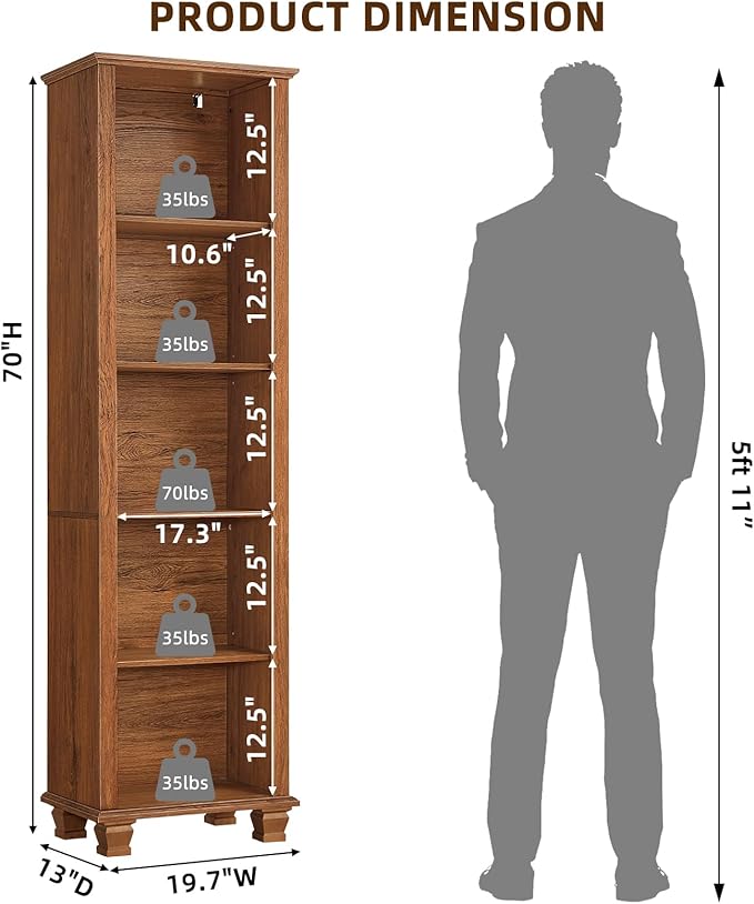 SAVOR LIFE Narrow Brown Book Shelf, 70" Tall Skinny Bookshelf with Adjustable Shelves & Wooden Legs, Farmhouse Wood Bookcase w/5-Tier Open Storage, Free Standing Book Case for Office, Living Room