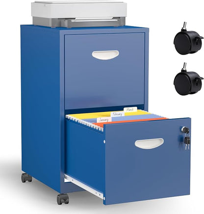 2 Drawer Mobile File Cabinet with Lock, Blue Metal Filing Cabinets with Wheels, Vertical Rolling File Cabinet Fit Hanging Files, Letter and A4 Documents