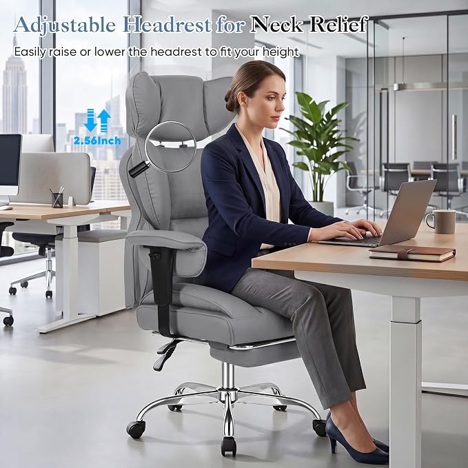 DUMOS Big and Tall Home Office Desk Chair, Ergonomic Executive Chair with Footrest, Computer Gaming Chairs with High Back Reclining, Adjustable Armrests and Comfy Lumbar Support, PU Leather, Grey