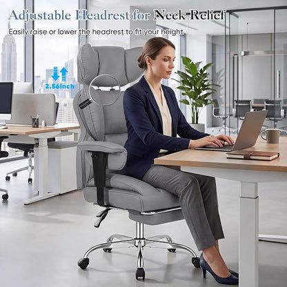 DUMOS Big and Tall Home Office Desk Chair, Ergonomic Executive Chair with Footrest, Computer Gaming Chairs with High Back Reclining, Adjustable Armrests and Comfy Lumbar Support, PU Leather, Grey