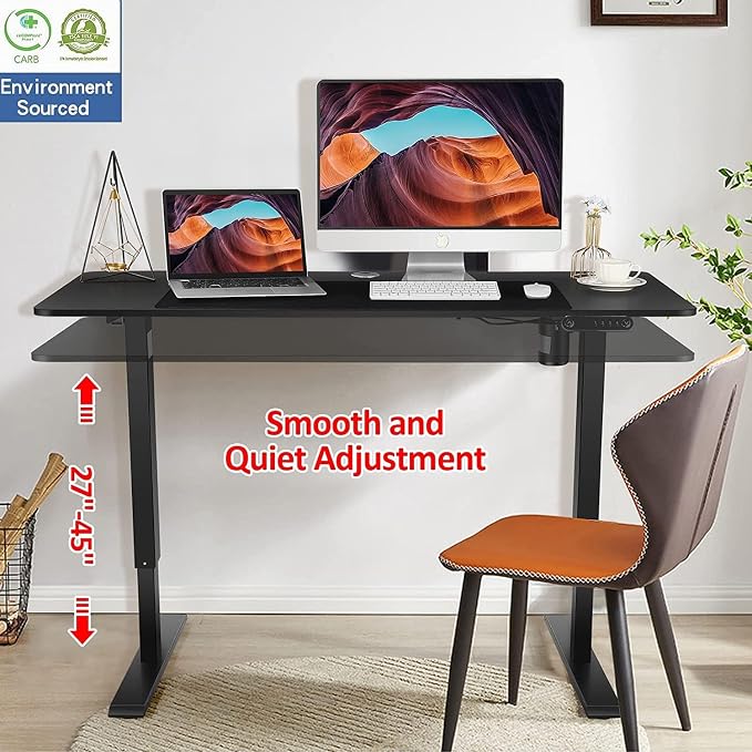 48'' X 24'' Standing Desk Adjustable Height, Ergonomic Home Office Computer Workstations with Wheels, Double Hooks, 4 Memory Preset, 27''-45'' Lifting Range Stand Up Desk(Black)