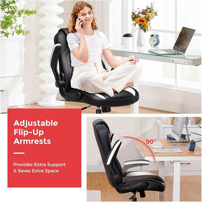 COMHOMA Office Computer Gaming Chair Ergonomic Desk Chair for Adults with Lumbar Support Flip-Up Arms Adjustable Height Swivel Wheels PU Leather Executive Design for Short People Use, White