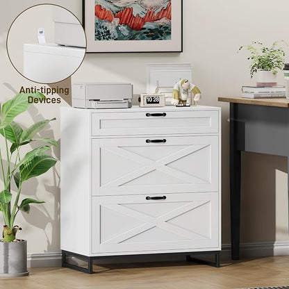 Halitaa File Cabinet 3 Drawers Lateral File Cabinet for Letter/Legal/A4 Size Hanging Files, Large Wood File Storage Cabinets Printer Stand for Home Office, White and Black