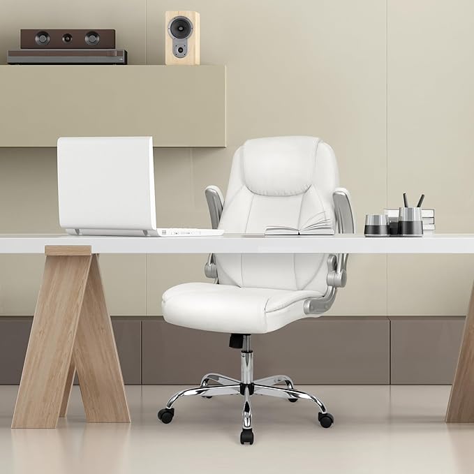 NEO Chair High Back Office Desk Chair for Computer Garming Ergonomic Executive Chair with Comfy Lumbar Support Flip-up Arms Height Adjustable Swivel (Leather White)