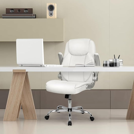 NEO Chair High Back Office Desk Chair for Computer Garming Ergonomic Executive Chair with Comfy Lumbar Support Flip-up Arms Height Adjustable Swivel (Leather White)