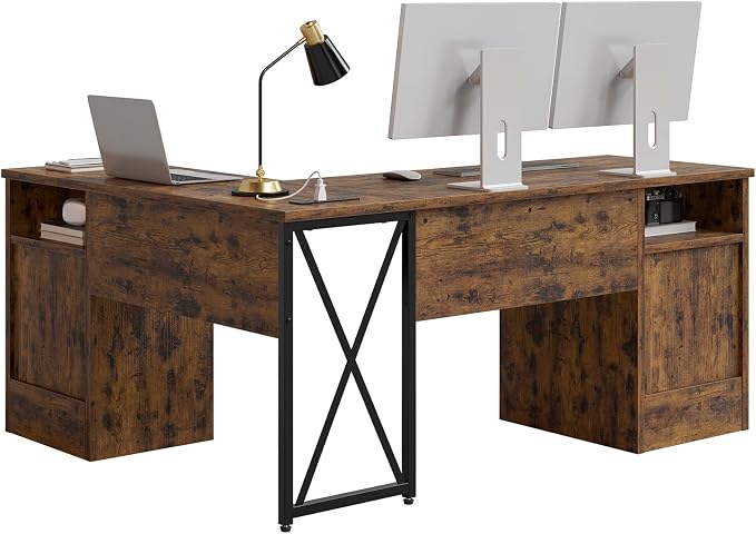 Bestier Farmhouse L Shaped Desk with Drawers, 63" x 47" Office Computer Desk with Charging Station & Fluted Storage Cabinet, Corner Desk with File Drawers, Modesty Panel for Home Office, Rustic Brown