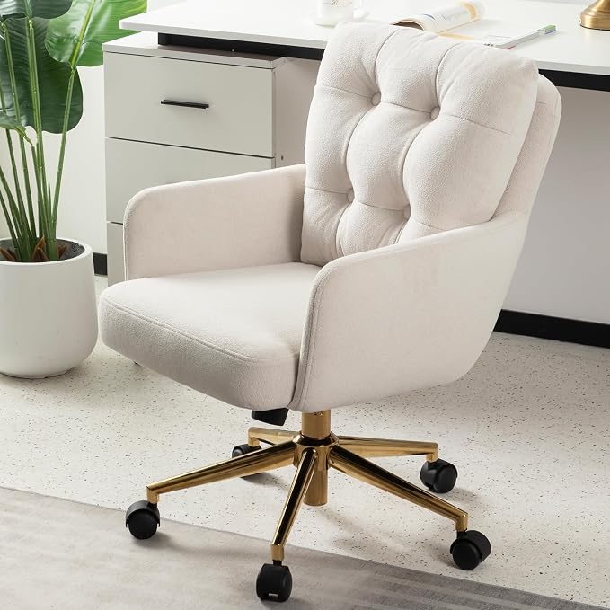 Flannel Office Chair Vanity Chair Comfy Home Office Desk Chairs with Lumbar Support, Modern Plush Fabric Desk Gold Legs Swivel Task for Home Office Bedroom Study White Upgraded Version