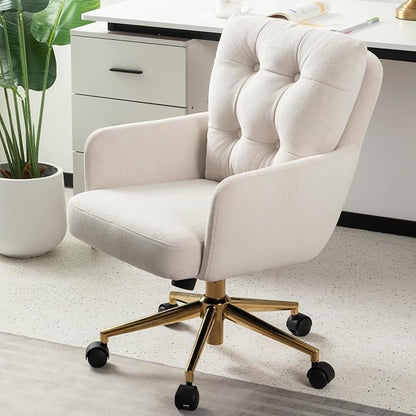Flannel Office Chair Vanity Chair Comfy Home Office Desk Chairs with Lumbar Support, Modern Plush Fabric Desk Gold Legs Swivel Task for Home Office Bedroom Study White Upgraded Version