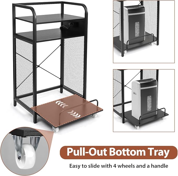 3-Tier Printer and Shredder Stand with Pull Out Shelf, 20" L x 14" W x 34" H Floor-Standing Printer Shredder Stand with Power Outlet, Printer Stand with Shredder Storage, Office Storage Rack