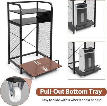 3-Tier Printer and Shredder Stand with Pull Out Shelf, 20" L x 14" W x 34" H Floor-Standing Printer Shredder Stand with Power Outlet, Printer Stand with Shredder Storage, Office Storage Rack