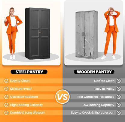 71" Tall Kitchen Pantry Storage Cabinet with 2 Doors and 5 Adjustable Shelve, Metal Black Food Pantry Cabinet, Kitchen Cabinet Storage Unit,6 Tier Freestanding Cupboard for Kitchen Dining/Living Room